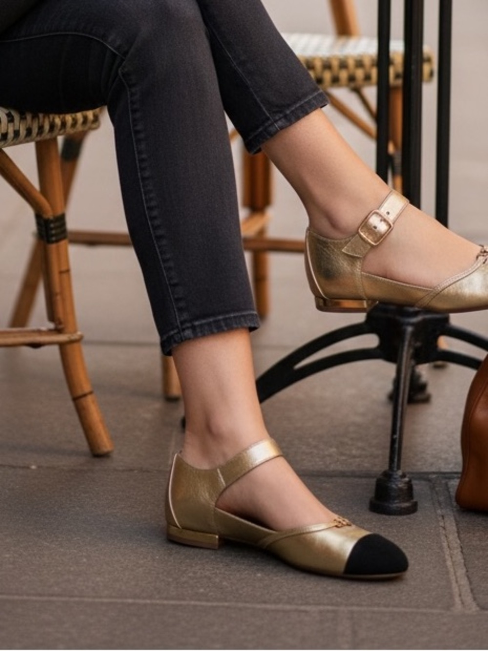 Sam Edelman Rylie Cap Toe Mary Jane Flats Metallic Gold with Black - Picture 6 of 15